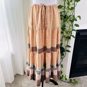 White Stag Brown Floral Patchwork Tiered Boho Hippie Flowy Maxi Skirt - L 12/14